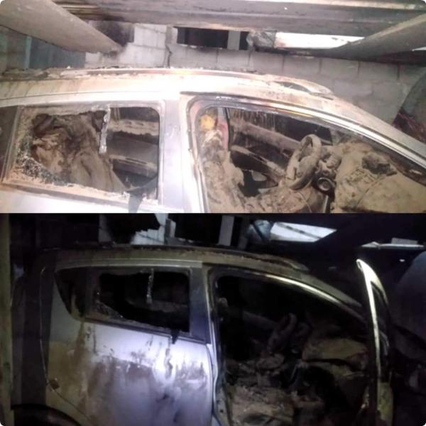 [ سيارة القاضية سعاد بعد إحراقها ]