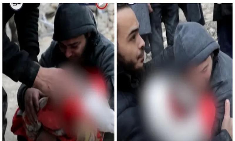 سوري يبكي على وفاه طفله الرضيع بسبب الزلازل.. ”حبيبي مات صبرنا يارب”