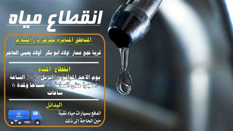 6 ساعات.. غدًا انقطاع المياه عن 3 مناطق بـ دار السلام في سوهاج